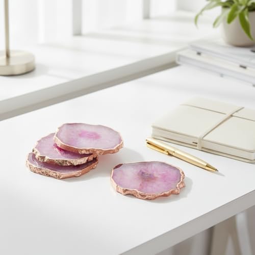 Image of Natural Agate Stone Tea Coasters Set | Premium Stone Coasters for Tea, Coffee & Glass | Heat Resistant Coasters for Dining Table, Office Desk & Home Decor | Pack of 4 | Color -Pink