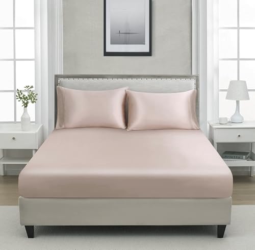Image of RD TREND Microfiber Satin Weave Fitted Bedsheet for Double Bed King Size (78x72x10 Inch) with 2 Pillow Covers (18x28 Inch), 400 TC Elastic All Around | Lite Peach