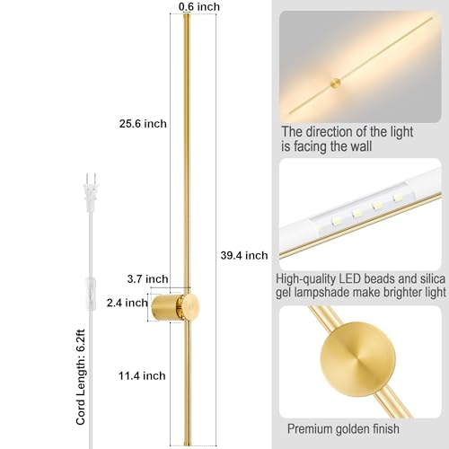 Image of GOODATE Wall Sconces Set of Two with Remote, Stepless Colors 3000K-6500K & Stepless Dimming, Hardwire or Plug-in, 180 Rotate, LED Gold Plug in Wall Sconces with Timer & Night Light, 39.4 Inches