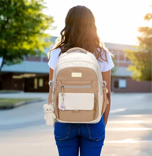 Image of PRLINJSK Girls Backpack for College High Middle School Student, Cute Aesthetic Bookbag for Teens Women with Accessories,Khaki Beige