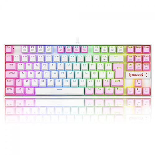TECLADO MECANICO GAMER RGB REDRAGON KUMARA BRANCO E ROSA COM SWITCH AZUL