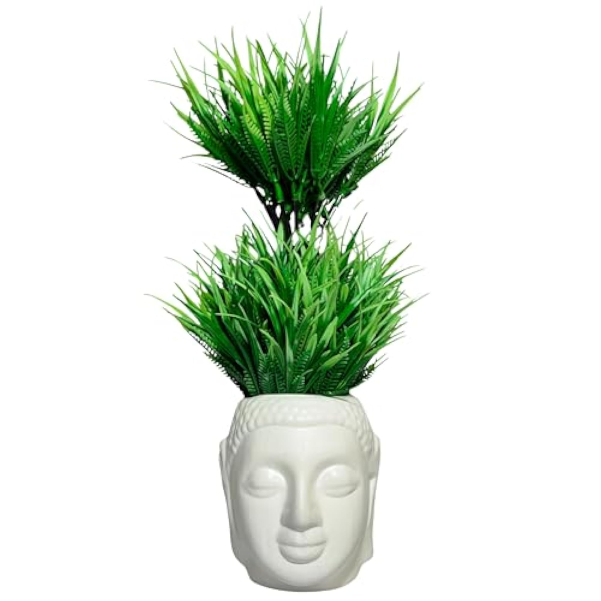 Artificial Plant with Buddha Face Pot, Faux Grass Decor
