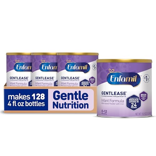Image of Enfamil Gentlease Baby Formula, Clinically Proven to Reduce Fussiness, Crying, Gas & Spit-up in 24 Hours, Brain-Building Omega-3 DHA & Choline, Infant Formula Powder, Baby Milk, 19.9 Oz Can, 4 Count