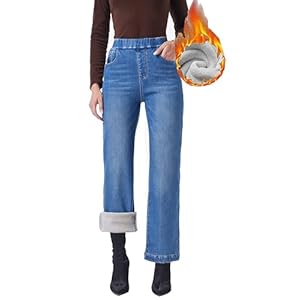 heipeiwa Women’s Winter Jeans Pull On Wide Leg Baggy Fleece Lined Jeans Thermal Flannel Lined Jean