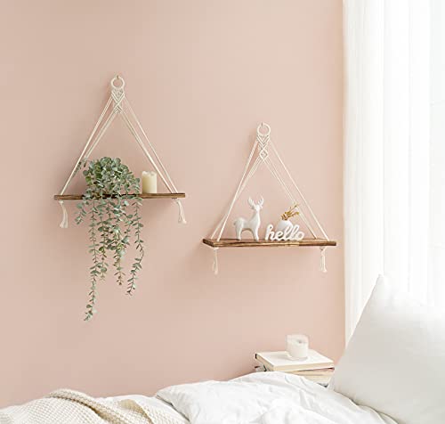 Mkono Macrame Hanging Shelves Boho Wall Decor Set of 2 Rustic Wood Floating Storage Shelf for Bedroom Bathroom Living Room Nursery Dorm Room, Display Shelving for Hanging Plants Photos by Mkono - Image 2