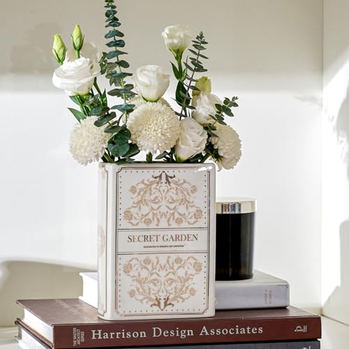 DN DECONATION Buchvase Keramik Deko Weiß und Gold Büchervase Kleine Blumenvase Buchförmige Retro für Bücherregal Büro Tischdeko Geschenk für Buchliebhaber