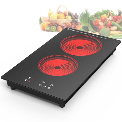 Image of GIHETKUT Electric Cooktop,Built-in and Countertop Electric Stove Top, 2100W 110V Electric Burner 9 Heating Level, Timer & Kid Safety Lock, Sensor Touch Control 2 Burner Electric Cooktop.