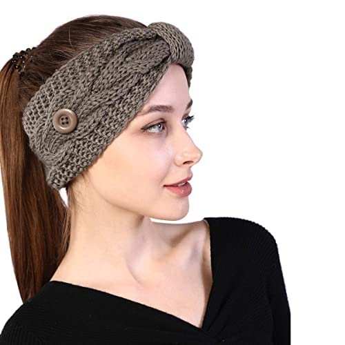 1 PC Knitted Winter Woolen Warm Headband with Buttons for Face Mask Cover | Cold Weather Hair Accessories Head Wrap | Criss Cross Bow Winter Headbands for Girls/Teens/Women (Khakhi)-image-40
