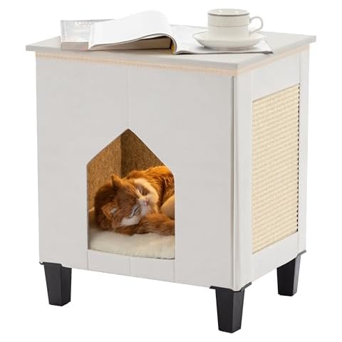 NUROMY Cat House for Indoor Cats Condo,Cat Furniture with Large Area Cat Scratch Pad Cat Hideaway Cave,Leather Cat Bed Side Table & Nightstand for Living Room and Bedroom Decoration,White Cover