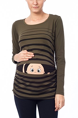M.M.C. - Vêtement de Maternité Humoristique T-Shirt Mignon à Motifs Cadeau pour Grossesse Femme Humour Tee Haut Vetement de Maternite à Manches Longues (Kaki, Small)