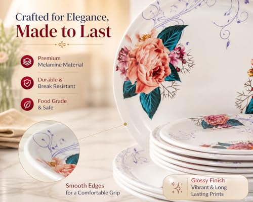Image of Arova 32 Pieces Melamine Dinner Set for 6 Persons | Unbreakable & Lightweight Crockery Set | Floral Design Plates & Bowls Set | Serving Bowls, Spoons & Lids | Dishwasher Safe Dinnerware Set