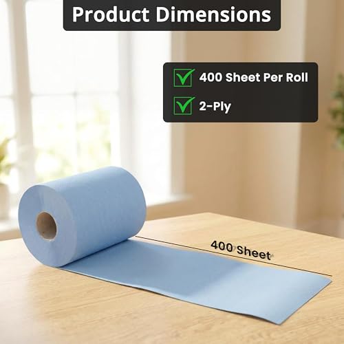 ASPECT Blue Roll (Pack of 12)(4800 Sheet) Centrefeed 2 Ply Kitchen Rolls Embossed Pattern Paper Towels Strong and Absorbent Tissue Paper Wipe Away Perfect for Commercial & Kitchen Use