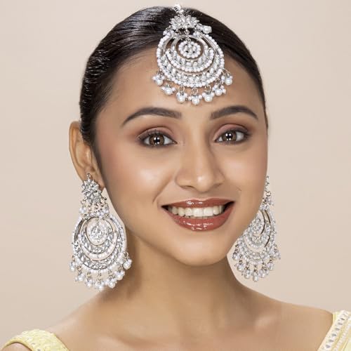 Image of Peora Traditional Jewellery Rhodium Kundan & Pearl Maang Tikka Earring Set for Women Girls