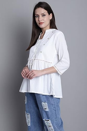 Image of Rajnandini Women's Pure Cotton Embroidered Short Western Top (JOPLJPR707 Off White)