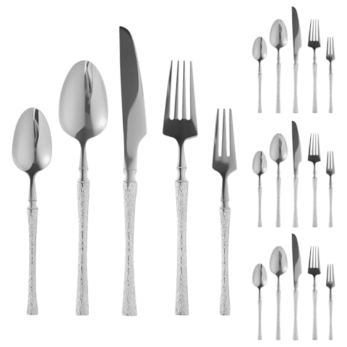 Cutlery Set, 20Pcs Stainless Steel Knife Fork Dessert Spoon Set with Slim Handle, Silverware Set Smooth Surface, Dishwasher Safe, Flatware Set for Home Dining, Banquet, and Catering Events (Silver)