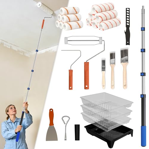 Paint Roller Kit with Extension Pole 2-4FT Adjustable Pole Professional 27-Piece Paint Kit 49 Paint Rollers Paint Brushes for Walls Works with All Latex Oil-Based Paints and Wood Finishes