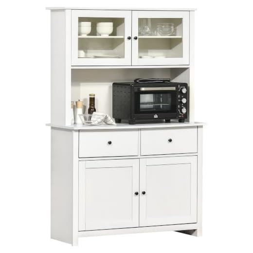 HOMCOM 63.5" Kitchen Buffet with Hutch, Pantry Storage Cabinet with 4 Shelves, Drawers, Framed Glass Doors, Open Microwave Countertop, Antique White