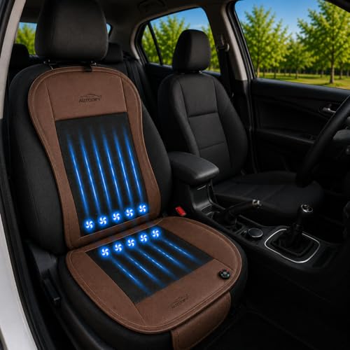 Image of Car Ventilated Cooling Seat Cushion Cover with 10 Powerful Fans & 3 Adjustable Cooling Levels, Breathable Fabric + Brown Leather Universal Fit for All Cars, Large Airflow