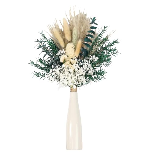 xin's convey Dried Flower Bouquet with Ceramic Vase, Pampas, Wedding Party Decoration, Farmhouse Decor, Wedding Table Centerpiece. (Green)