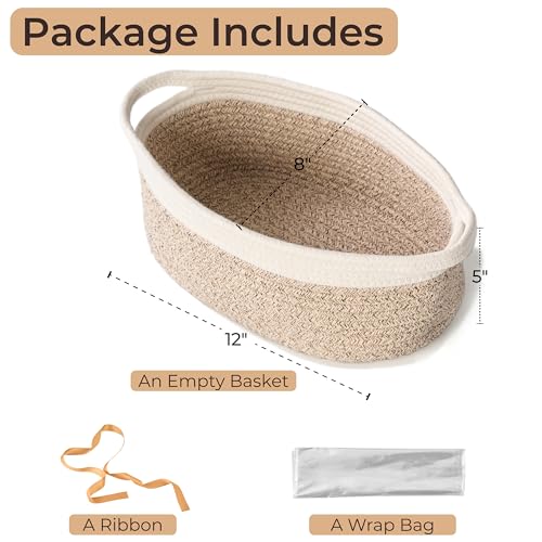 Image of Small Woven Gift Basket Empty with Bag & Ribbon - Gifts for Mom, Baby Shower, Birthdays & Raffle - Cotton Rope Storage Basket for Dog Toys or Shelf - 12 inchx8 inchx5 inch, White & Brown