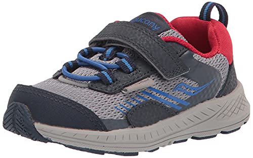 Saucony Wind Shield Alternative Closure Jr. Running Shoe, Navy/Grey/Red, 4 X-Wide US Unisex Little_Kid