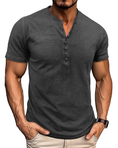 LAOARA Tee Shirt Homme T Shirt T-Shirts à Manches Courtes Homme Coton Henley Vintage Col Tunisien Boutons Eté Gris L