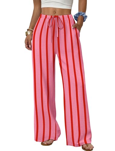 Sampeel Palazzo Pants for Women Flowy Business Casual Outfits Summer Pajama Pants Striped Beach Vacation Clothes Spring Fashion Clothing Vacation Outfits Wide Leg Trousers Pink S