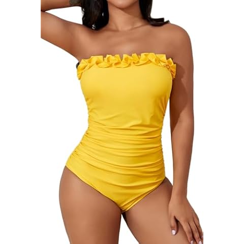 Smismivo Strapless Swimsuits for Women Bandeau One Piece Bathing Suit Tummy Control Swim Suit Slimming Vintage Ruched Ruffle Padded Push Up Tube Top Full Coverage Swimwear for Swimming Pool (Yellow) Cover