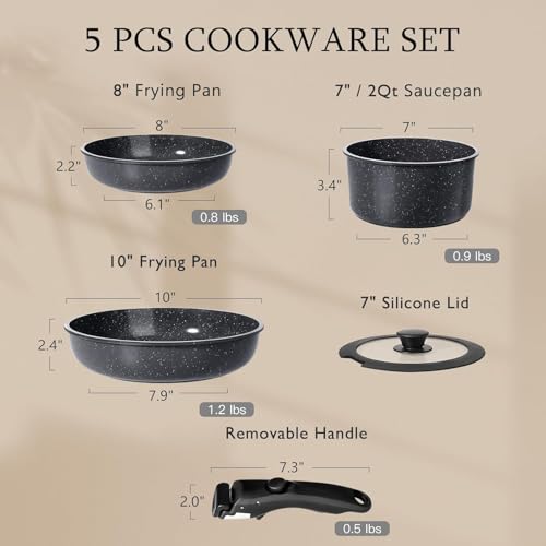 Image of GiPP Ceramic Pots and Pans Set Non Stick, Nonstick Detachable Handle Cookware Sets, Non Toxic Induction Kitchen Pot and Pan with Removable Handle, Healthy RV Cookware, Dishwasher &Oven Safe, 5 Piece
