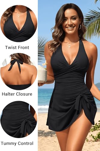 Image of Women Tummy Control One Piece Swim Dress Ruched Swimsuit with Skirt | Halter V-neck Design, Adjustable Straps, Removable Cups, Side Bow-tie, Sexy, Flattering, Slimming