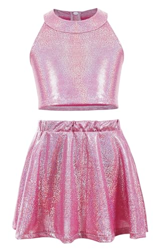 Panegy 2-teiliges Ballett-Tanzkleid, Jazz-/Latein-Performance-Kostüm, moderne Tanzbekleidung für Mädchen, glänzendes bauchfreies Top mit Rock, Rosarot, 6-9 Jahre