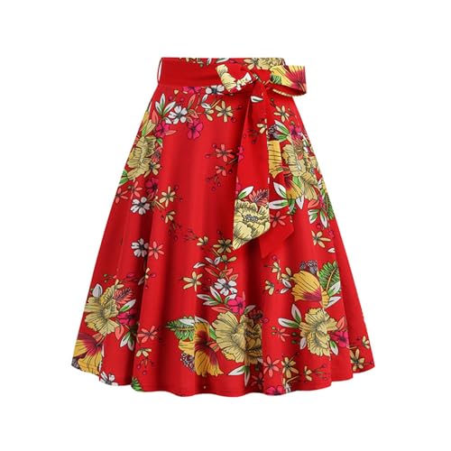 Women's High Waist A-Line Skirts Vintage Floral Print Flared Skirt 1950s Belted Midi Skirt Knee Length Skirts2