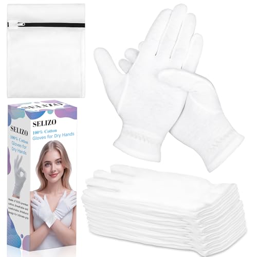 Gants hydratants mains sèches selizo en coton blanc pour soin eczéma et peau gercée la nuit