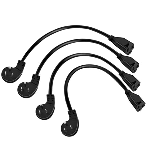 Image of Miady Flat Plug Extension Cord 1 Ft, 90 Degree Plug Adapter, 3 Prong Grounded Wire Short Flat Wall Power Cable Black ETL Listed (4-Pack, 13 Amp, 125 Volts, 1625 Watts)