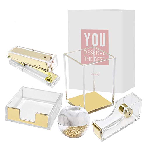 Clear Gold Acrylic Office Supplies Desk Organizer Set Tape Dispenser Stapler Sticky Notes Tray Magnetic Paper Clips Dispenser Pen Pencil Holder for Desktop Accessories Organization Gold