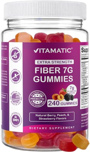 Vitamatic Prebiotic Fiber Gummies for Adults 7G Extra Strength Zero Sugar Added 240 Pectin Based Gummies Digestive Health & Regularity Support