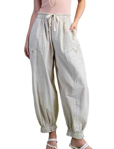 Esmeling Women Casual Striped Parachute Pants Elastic Waist Drawstring Trousers Loose Pants with Pockets
