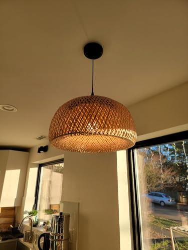 Image of Boho Pendant Light Fixture Bamboo Hanging Light Rattan Pendant Light Woven Wicker Shade Rattan Chandelier for Dining Living Bedroom Kitchen Farmhouse (Bulb not Include) (Round-13inches)