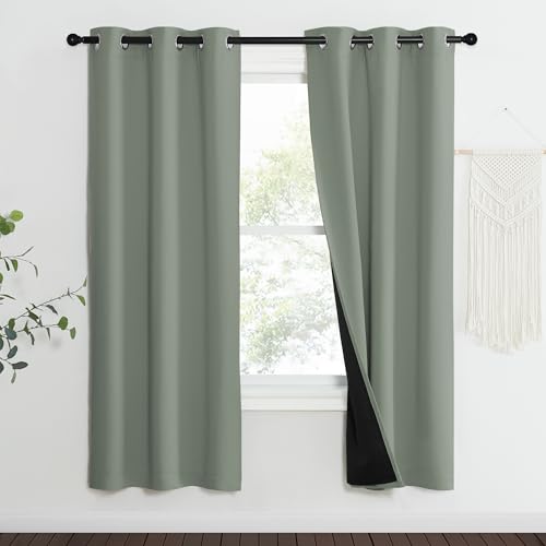 Image of NICETOWN 100% Blackout Window Curtain Panels, Heat and Full Light Blocking Drapes with Black Liner for Nursery, 70 inch Drop Thermal Insulated Draperies (Greyish Green, 2 Pieces, 37 inch Wide Each Panel)