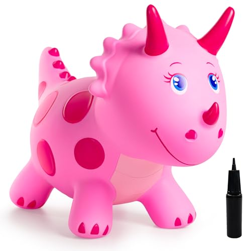 Image of EVERICH TOY Dinosaur Bouncy Animal Toys, Pink Triceratops Bouncer, Ride on Bounce Hopper for Kids 2-5 Indoor Outdoor Activity Birthday for 18 Months 2 3 4 Years Old Boys