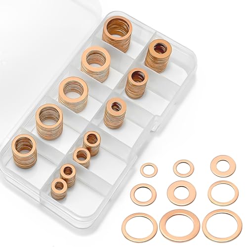 Yonality 200 pièces Rondelle Cuivre Joint Vidange Assortiment Kit, Rondelles Plates, Joint Torique avec Boîte pour L'étanchéité, 9 tailles de M5 M9 M8 M10...