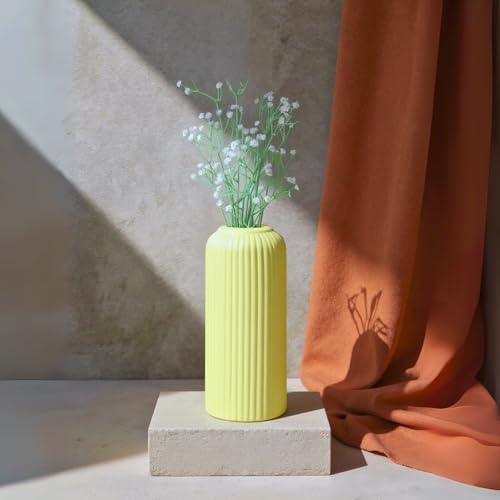 Image of KREATIVE ART'S Modern Ribbed Design Ceramic Flower Vase for Living Room, Flower Pots for Artificial Flower, Home Decoration Item, Home Decor, Vases for Living Room (Yellow, Large)