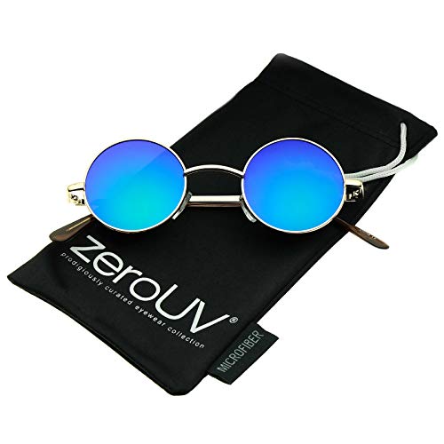 zeroUV Small Retro Lennon Inspired Style Colored Mirror Lens Round Metal Sunglasses 41mm (Gold/Green-Blue Mirror)