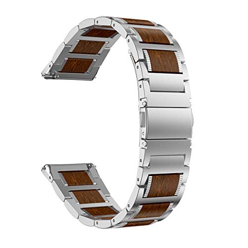 LDFAS Wood Band Compatible for Fitbit Versa 2 Bands, Red Sandalwood Stainless Steel Metal Women Men Strap Compatible for Fitbit Versa Special/Lite/Versa 2 Smartwatch, Silver