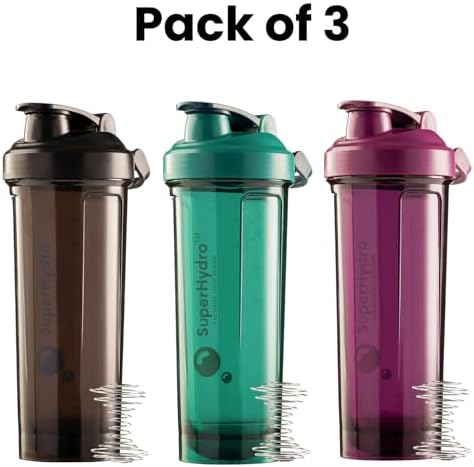 Super Hydro Protein Shaker Bottle [3 PACK] - 28 Oz. BPA-Free, Dishwasher Safe Shakers For Protein Powder Mixes, Pre-workout Cup for Gym, Office, Travel (Charcoal, Forest, Plum)