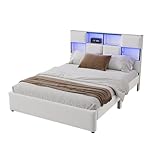 SogesPower Letto piatto 140x200 cm beige con LED RGB controllato da app, stazione di ricarica USB, telaio in MDF, tasche laterali 4, rivestimento in lino traspirante, letto smart home moderno