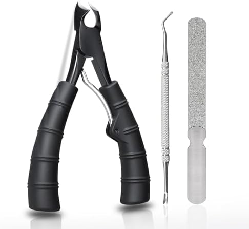 Toenail Clippers for Ingrown & Thick Nails - 3 Piece Long Handle Kit with Soft Silicone Grip, Stainless Steel Nail Cleaner & File, Portable Leather Case - Ergonomic Design for Seniors
