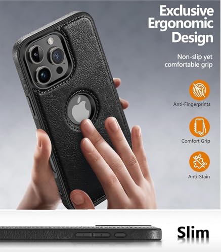 Image of MOBILOVE PU Leather Flexible Soft Logo View Back Case Cover Comes with Camera & Screen Protection for | iPhone 16 Pro Max (Black)