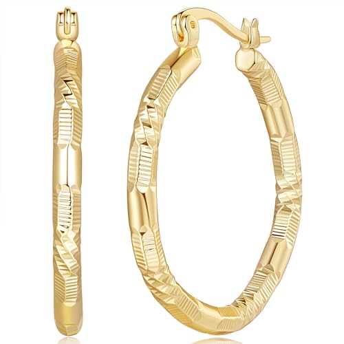 Gold Earrings 14k Gold Hoop Earrings for Women Large Hoop Earring with V-Shaped Engraved Design Womens Hoops Earring 30MM