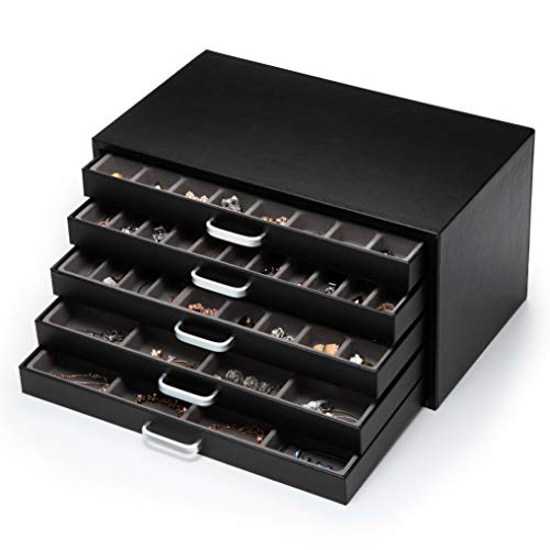 JACKCUBE Design Drawer Jewellery Organiser  5 Tiers Drawer Jewellery Tray for Necklaces, Earrings, Bracelets, Accessory Storage Box, Display case (43 W x 22.6 H x 25 H cm) - Black PU Leather MK-312A